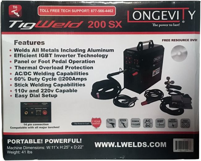 LONGEVITY Tigweld 200sx 200 Amp AC DC Tig/Stick Welder with Digital Display 110v 200v 